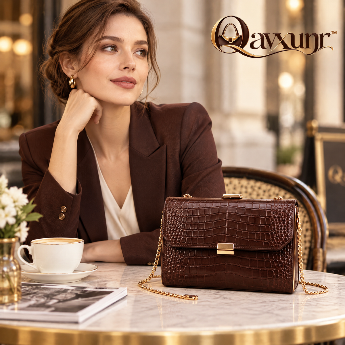𝑸𝒂𝒗𝒙𝒖𝒏𝒓™ Croc-Embossed Chain Shoulder Bag