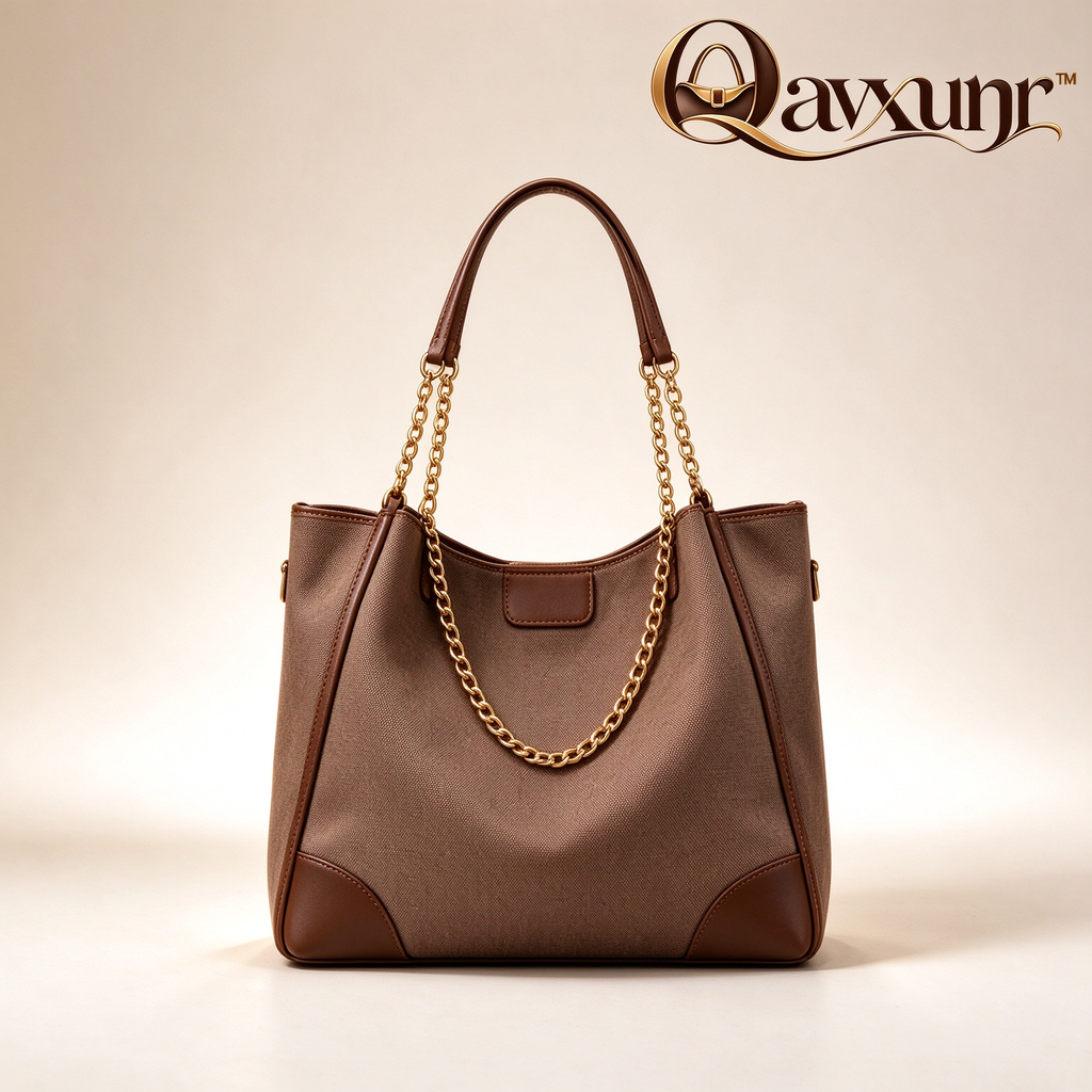 𝑸𝒂𝒗𝒙𝒖𝒏𝒓™ Brown Chain-Accent Tote Bag