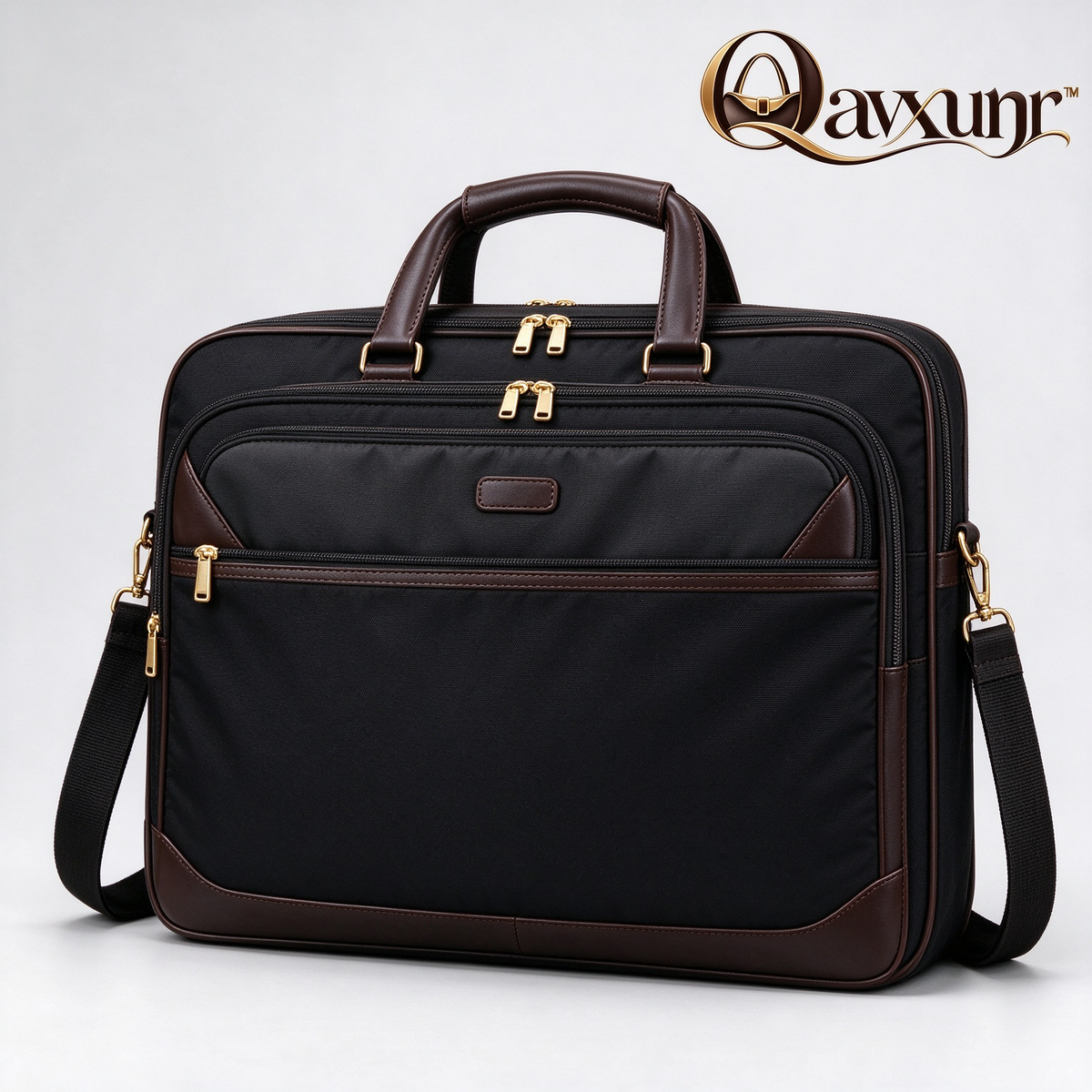 𝑸𝒂𝒗𝒙𝒖𝒏𝒓™ Black Fabric Briefcase with Brown Trim