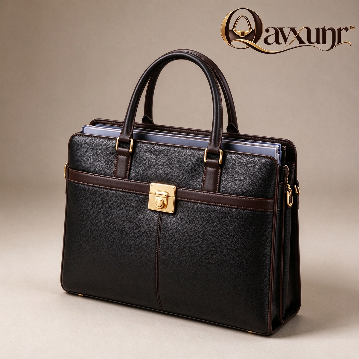 𝑸𝒂𝒗𝒙𝒖𝒏𝒓™ Black & Brown Lock-Clasp Briefcase