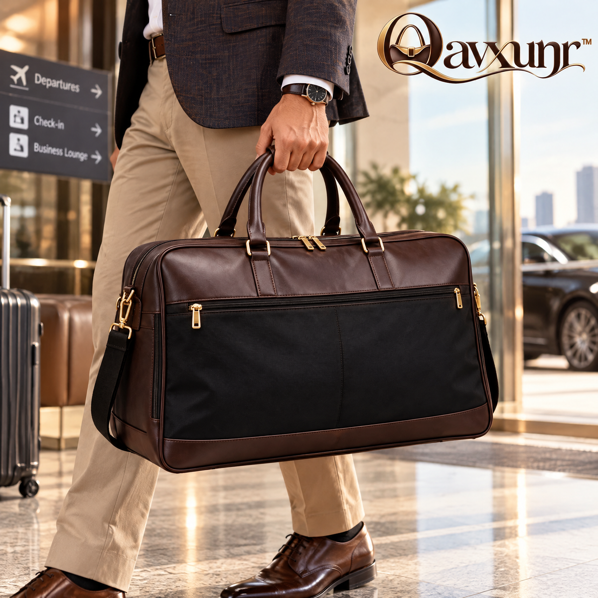 𝑸𝒂𝒗𝒙𝒖𝒏𝒓™ Brown Travel Briefcase with Front Zip Pocket