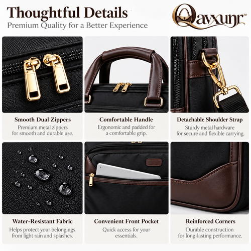 𝑸𝒂𝒗𝒙𝒖𝒏𝒓™ Black Fabric Briefcase with Brown Trim