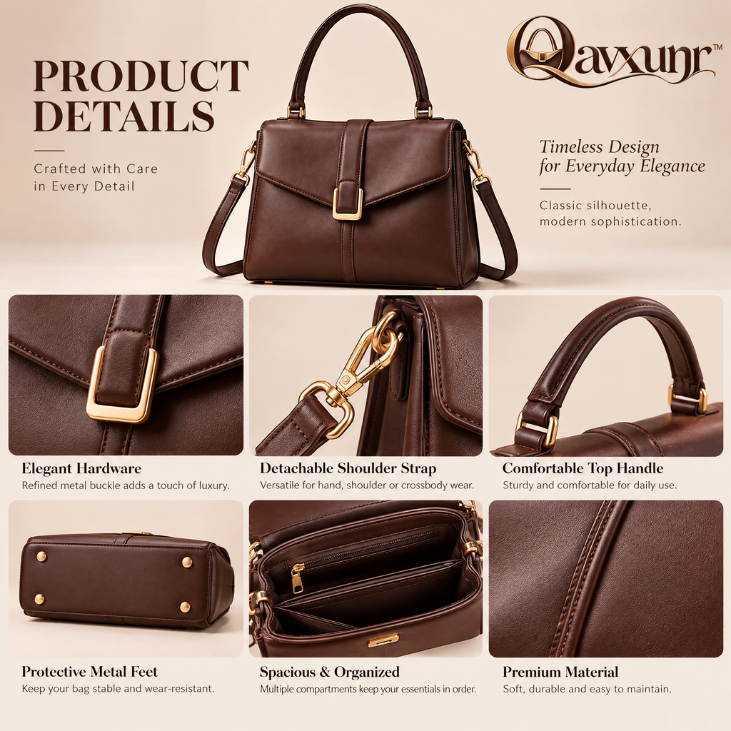 𝑸𝒂𝒗𝒙𝒖𝒏𝒓™ Brown Buckle-Flap Top-Handle Satchel