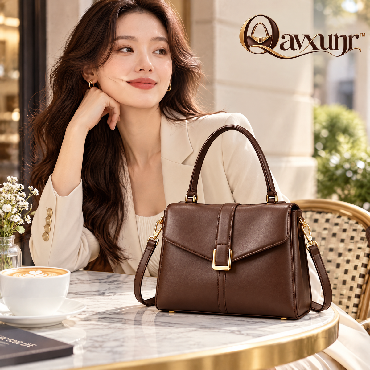 𝑸𝒂𝒗𝒙𝒖𝒏𝒓™ Brown Buckle-Flap Top-Handle Satchel