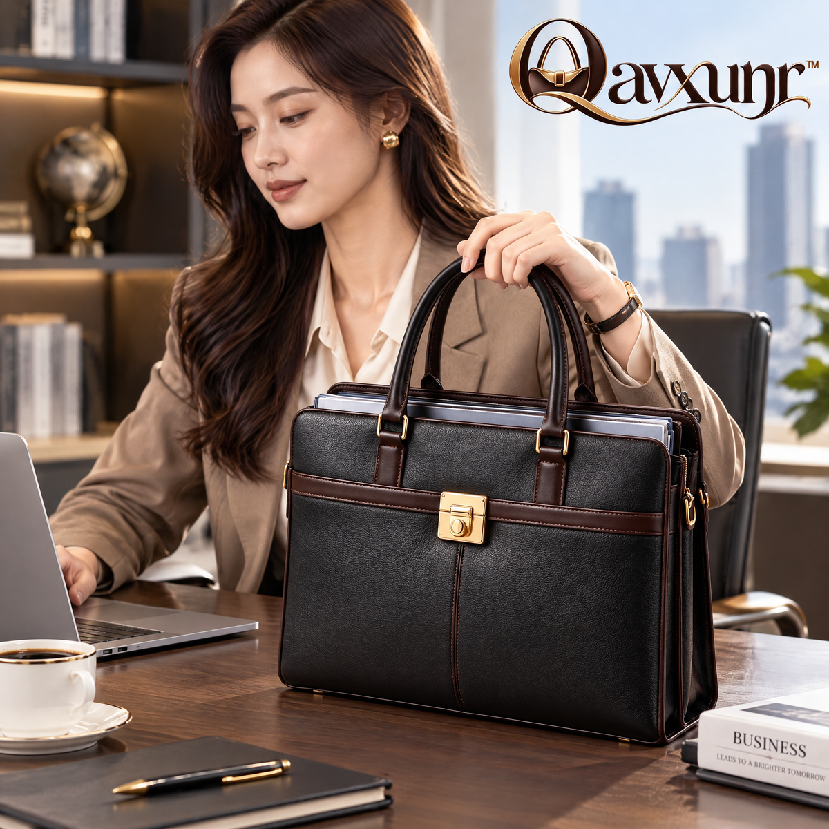 𝑸𝒂𝒗𝒙𝒖𝒏𝒓™ Black & Brown Lock-Clasp Briefcase
