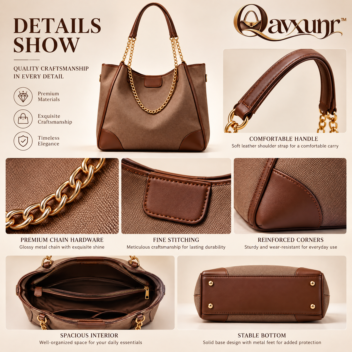 𝑸𝒂𝒗𝒙𝒖𝒏𝒓™ Brown Chain-Accent Tote Bag
