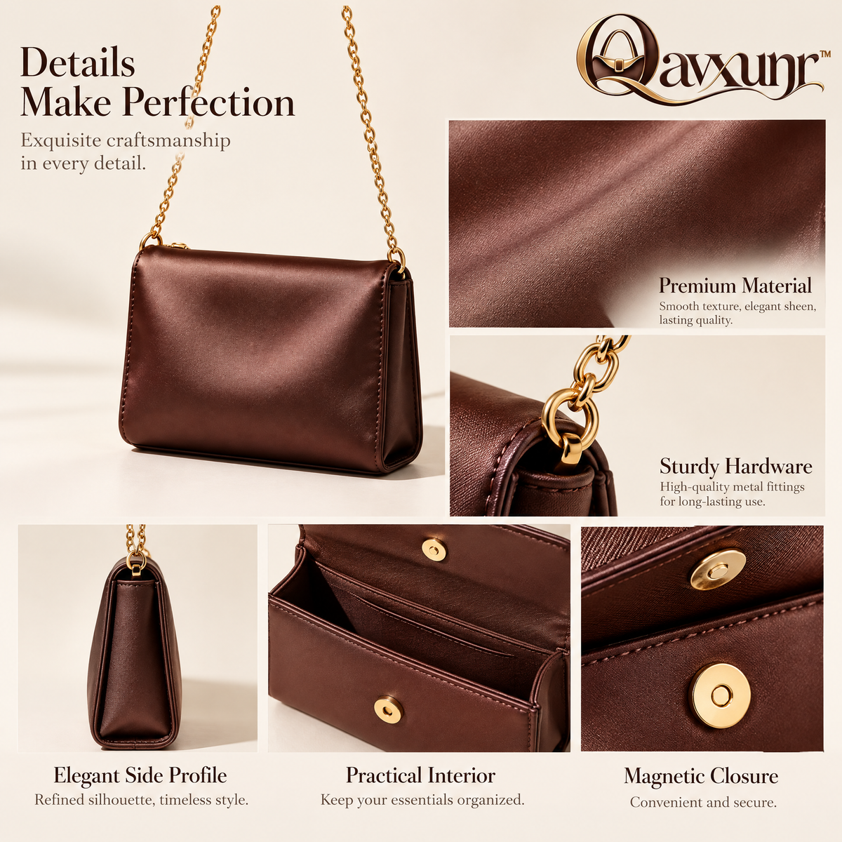 𝑸𝒂𝒗𝒙𝒖𝒏𝒓™ Brown Chain-Strap Flap Bag