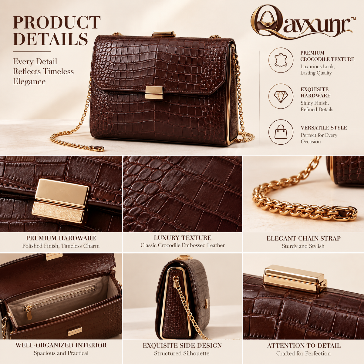 𝑸𝒂𝒗𝒙𝒖𝒏𝒓™ Croc-Embossed Chain Shoulder Bag