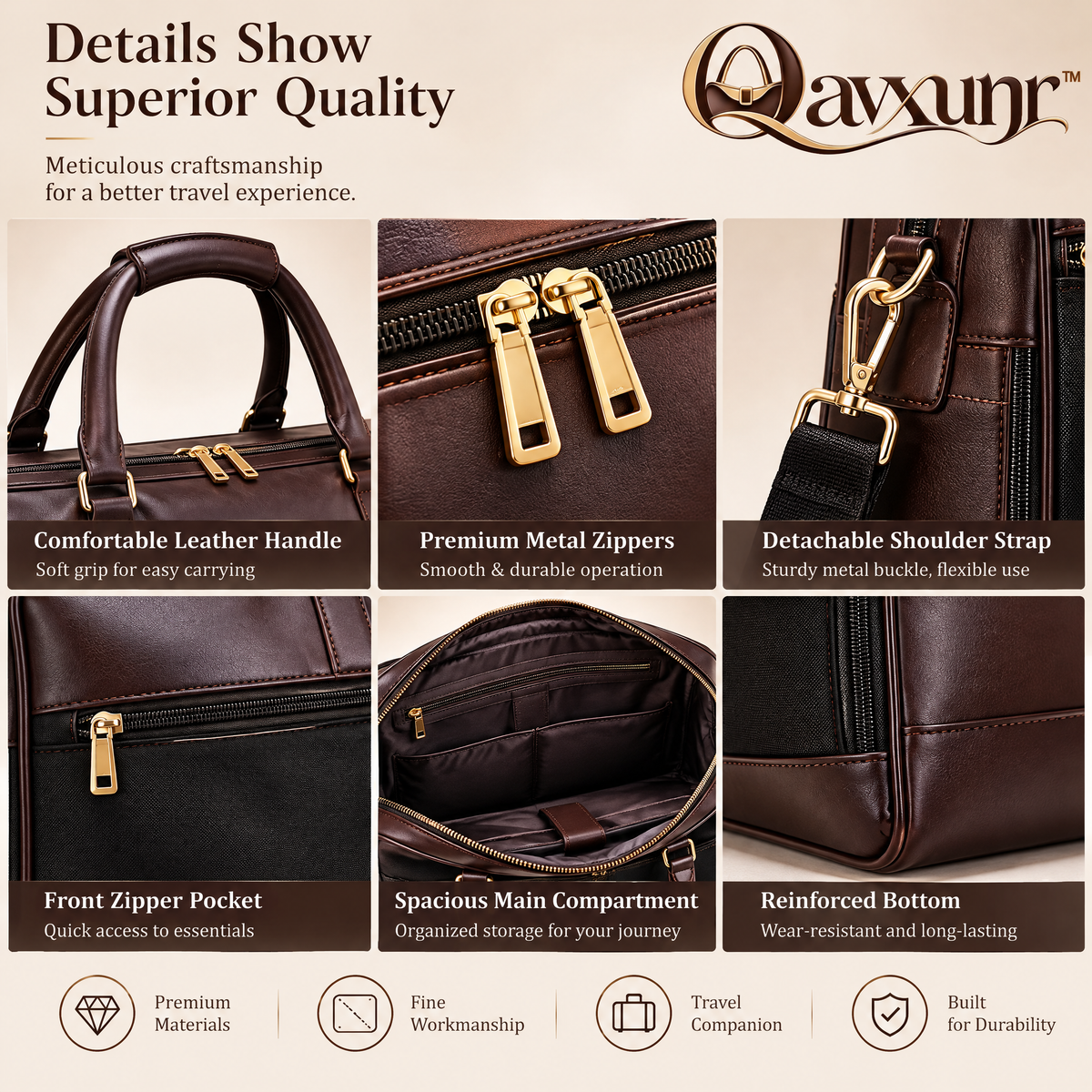 𝑸𝒂𝒗𝒙𝒖𝒏𝒓™ Brown Travel Briefcase with Front Zip Pocket
