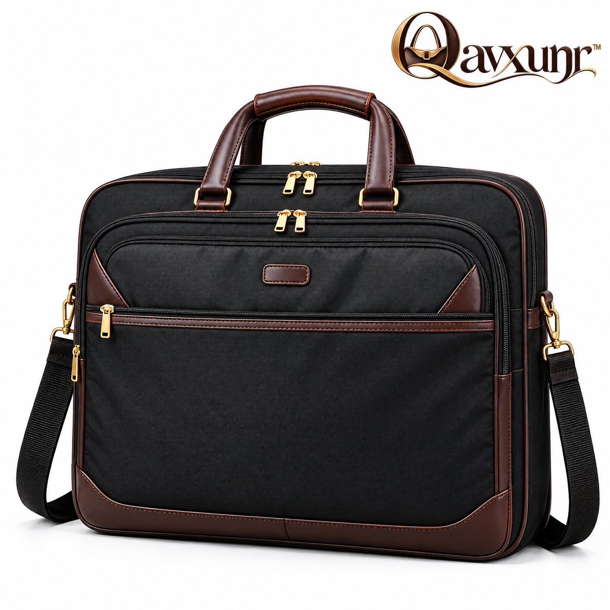 𝑸𝒂𝒗𝒙𝒖𝒏𝒓™ Black Fabric Briefcase with Brown Trim