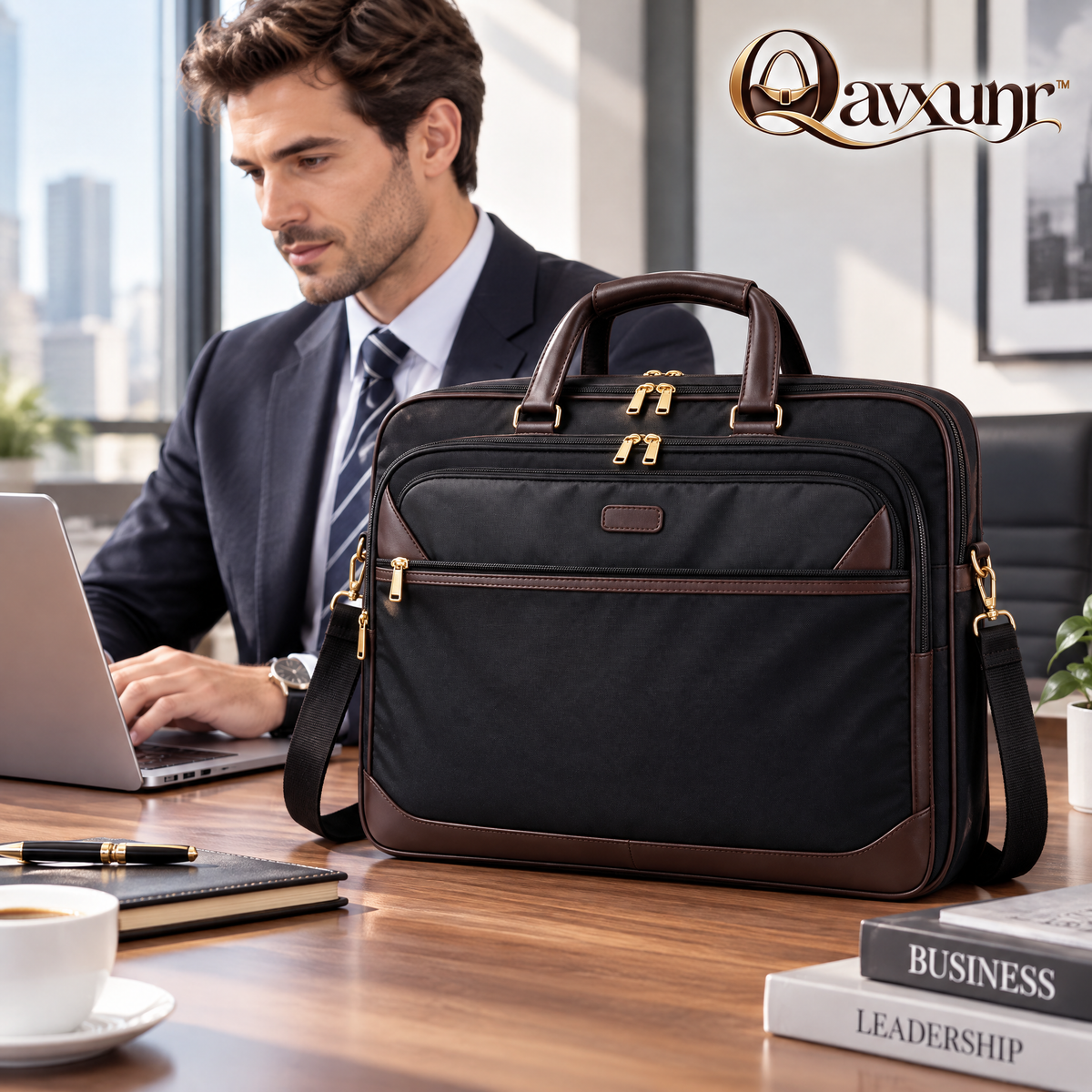 𝑸𝒂𝒗𝒙𝒖𝒏𝒓™ Black Fabric Briefcase with Brown Trim