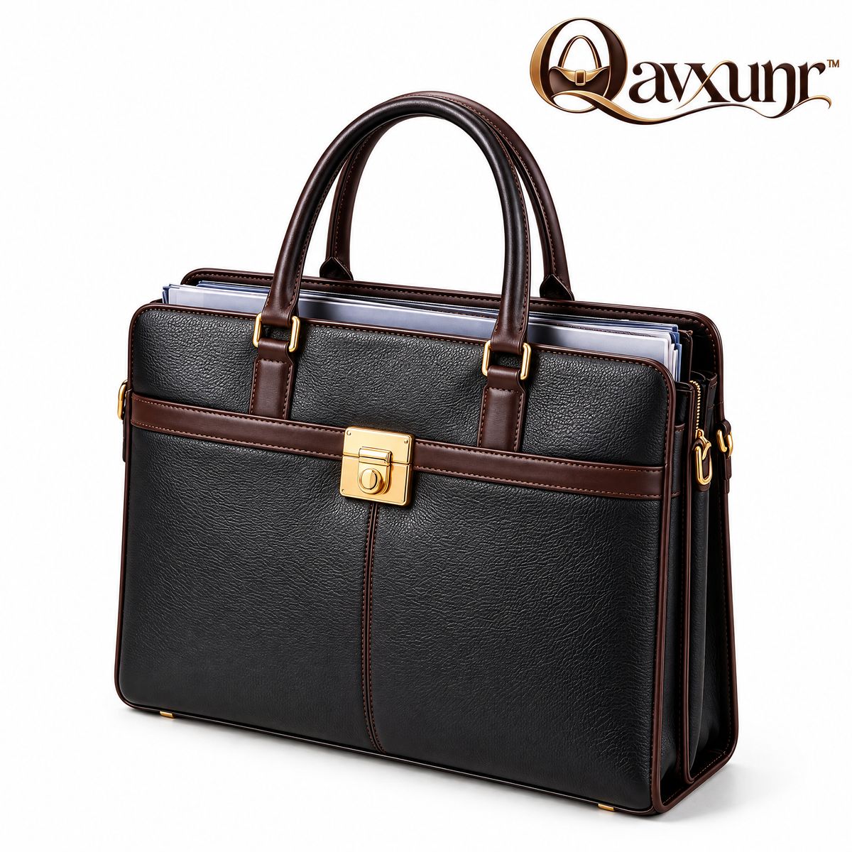 𝑸𝒂𝒗𝒙𝒖𝒏𝒓™ Black & Brown Lock-Clasp Briefcase