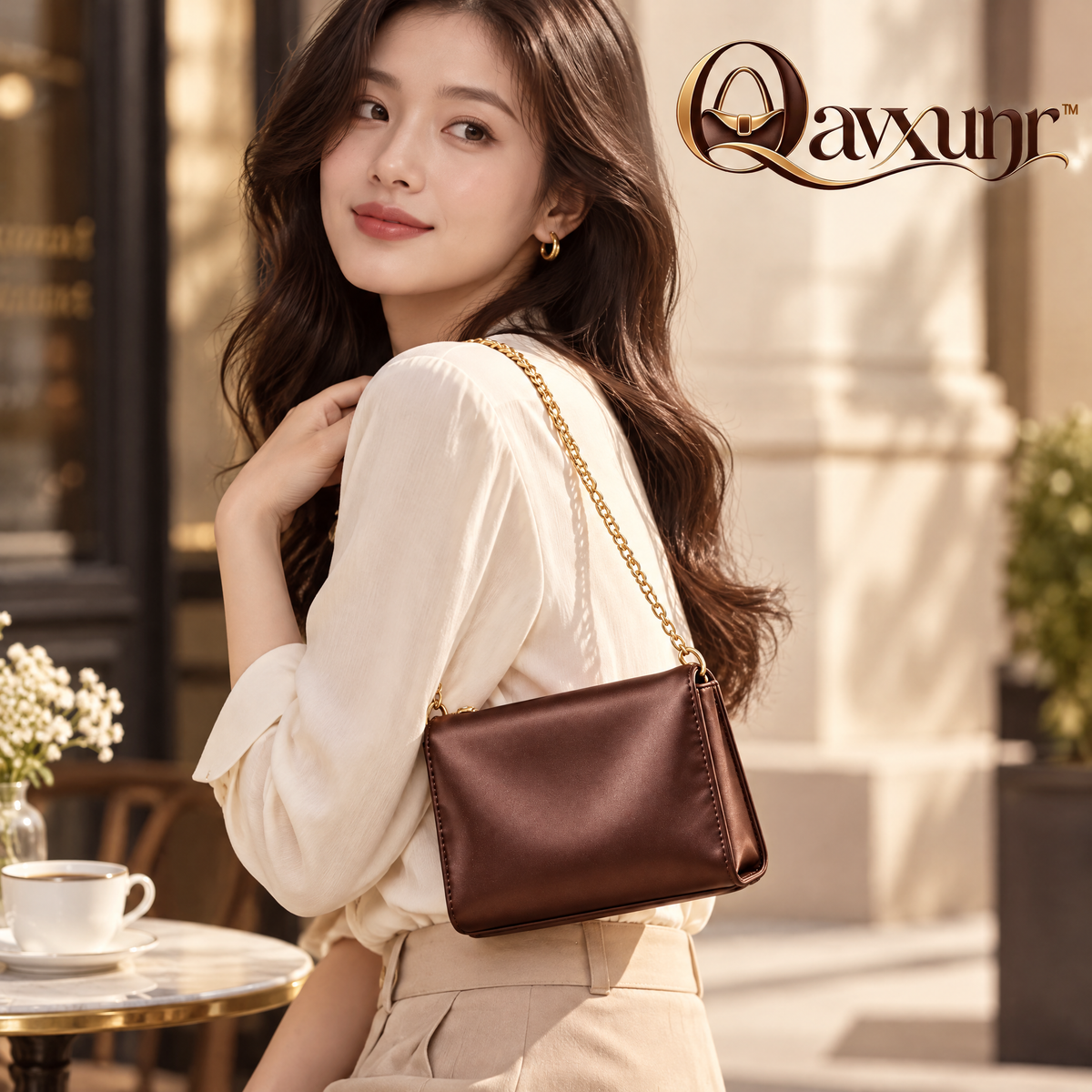 𝑸𝒂𝒗𝒙𝒖𝒏𝒓™ Brown Chain-Strap Flap Bag
